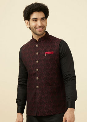 alt message - Manyavar Men Maroon Self Design Bandhgala Jacket