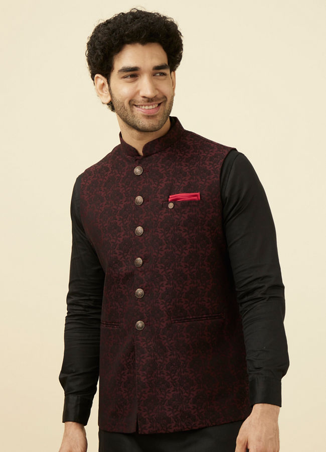 alt message - Manyavar Men Maroon Self Design Bandhgala Jacket image number 0