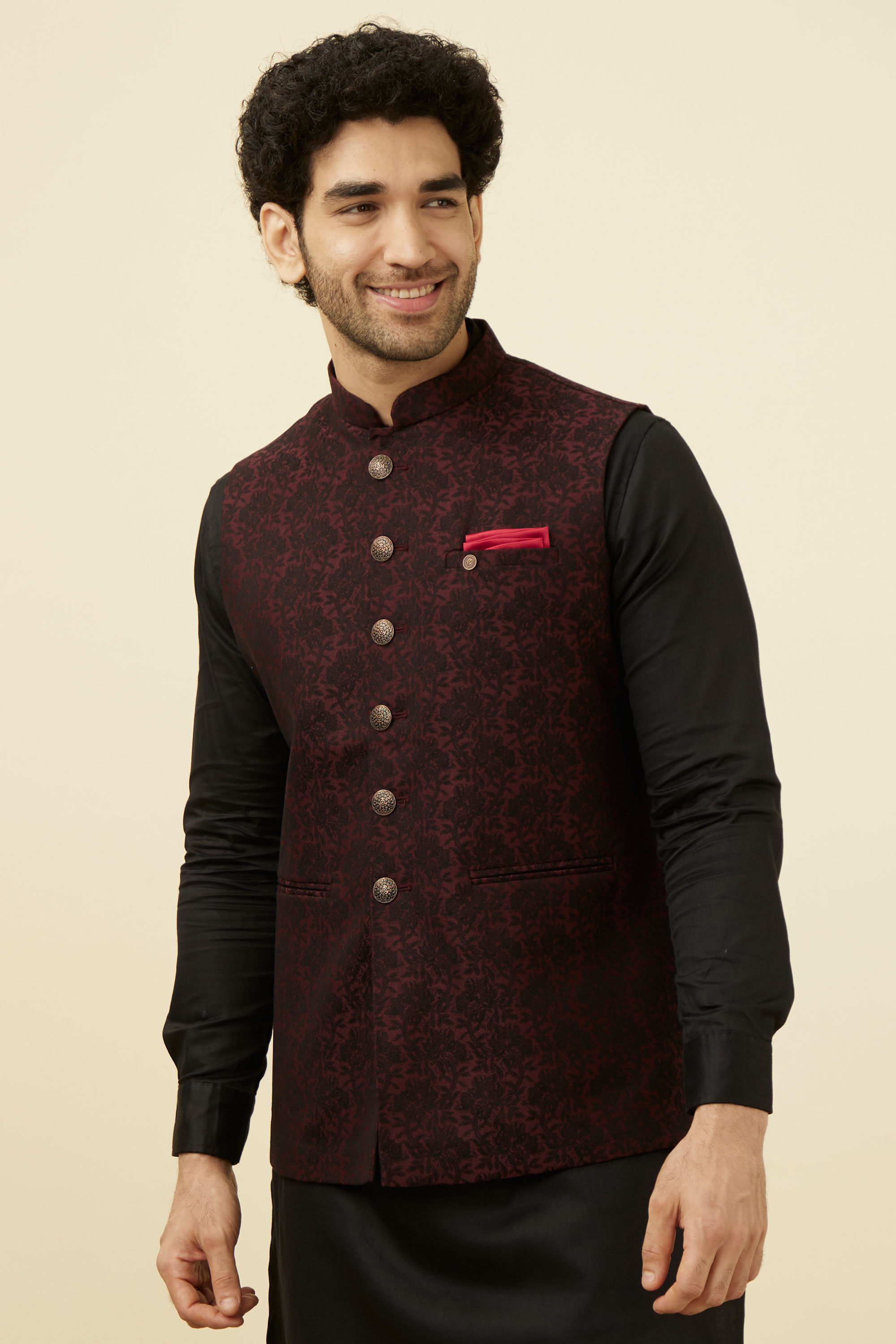 Manyavar Men Maroon Self Design Bandhgala Jacket