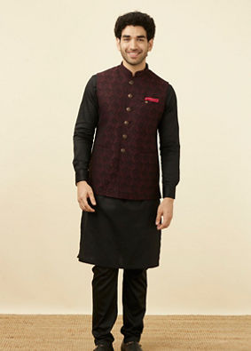 alt message - Manyavar Men Maroon Self Design Bandhgala Jacket image number 2