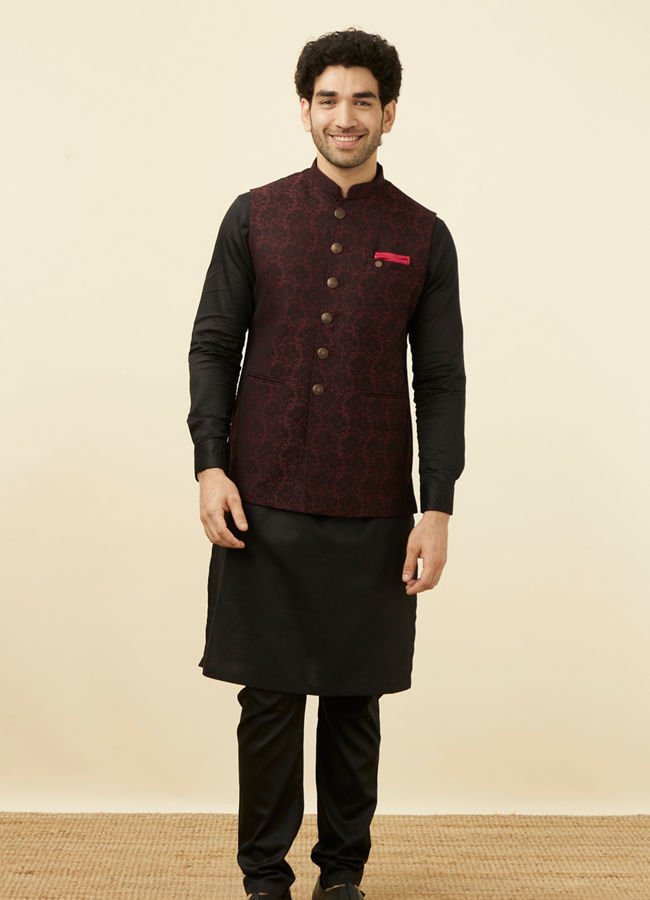 alt message - Manyavar Men Maroon Self Design Bandhgala Jacket image number 2