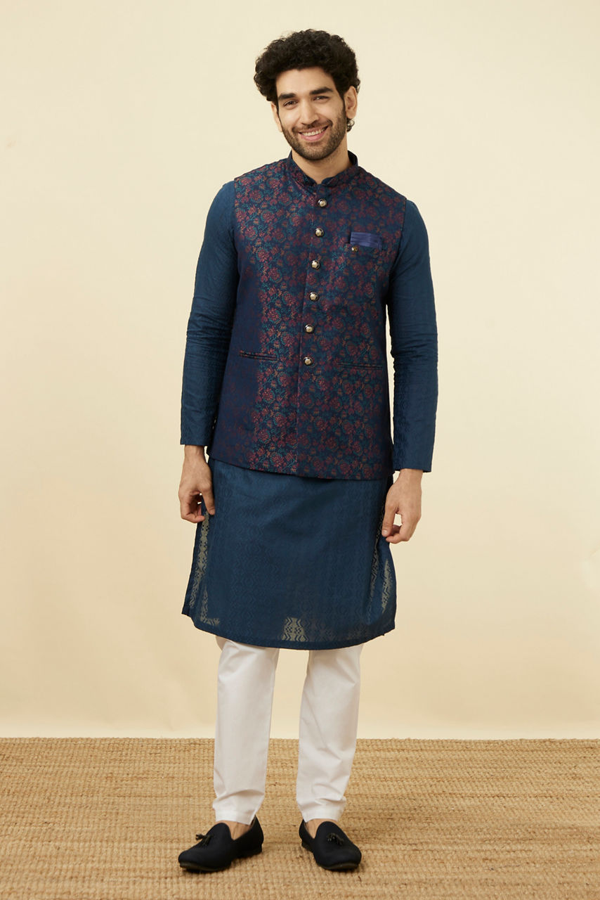 Manyavar Men Navy Blue Floral Patterned Half Jacket