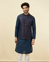 alt message - Manyavar Men Navy Blue Floral Patterned Half Jacket image number 2