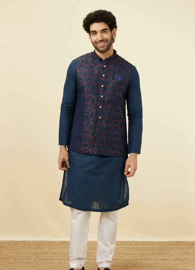 alt message - Manyavar Men Navy Blue Floral Patterned Half Jacket image number 2