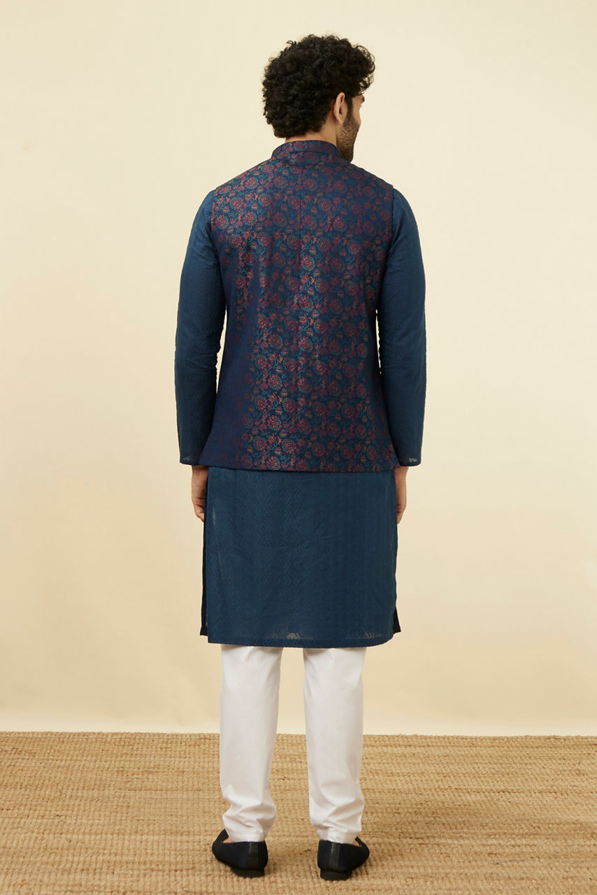 Manyavar Men Navy Blue Floral Patterned Half Jacket