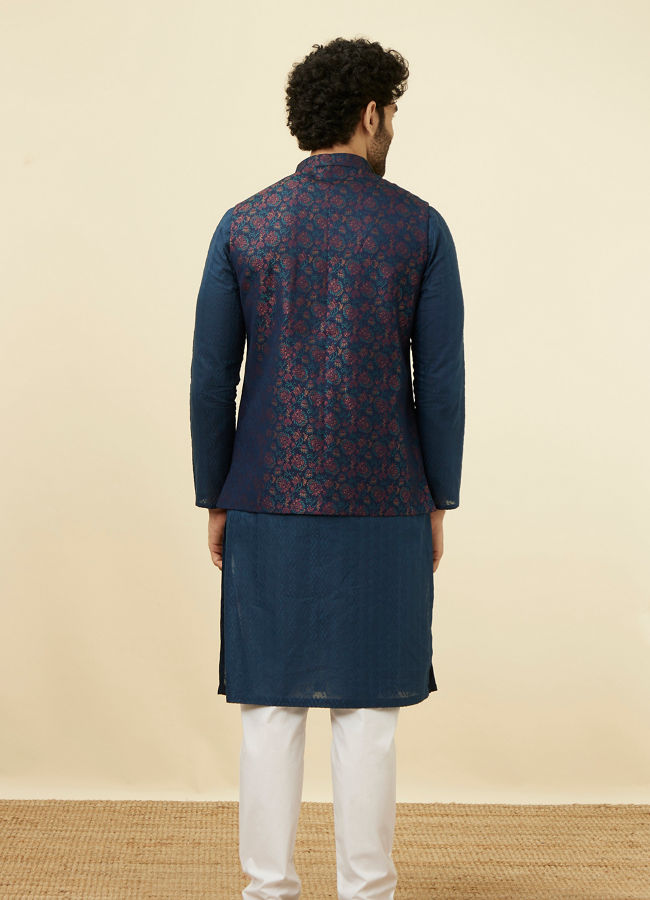 alt message - Manyavar Men Navy Blue Floral Patterned Half Jacket image number 3