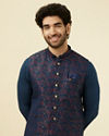 alt message - Manyavar Men Navy Blue Floral Patterned Half Jacket image number 0