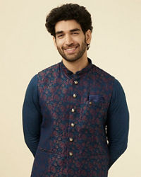 Manyavar Men Navy Blue Floral Patterned Half Jacket