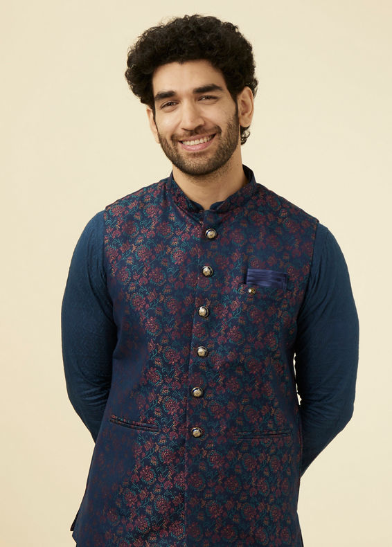 Manyavar Men Navy Blue Floral Patterned Half Jacket