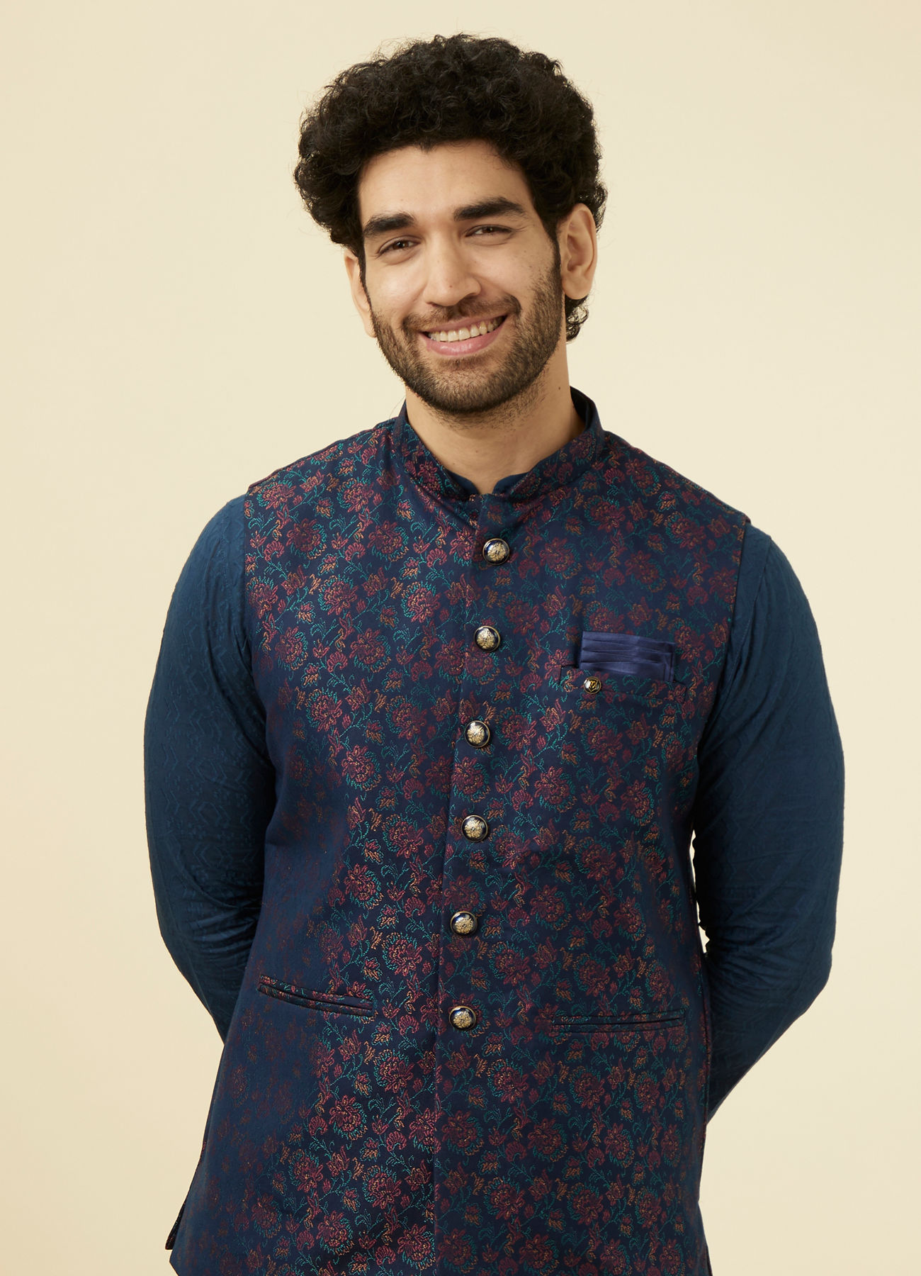 Manyavar Men Navy Blue Floral Patterned Half Jacket