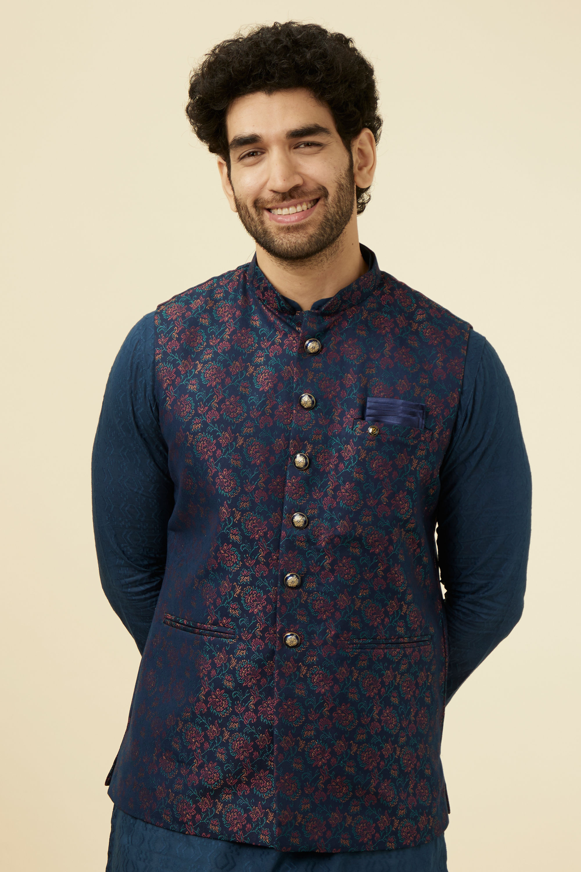 Manyavar Men Navy Blue Floral Patterned Half Jacket