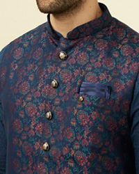 Manyavar Men Navy Blue Floral Patterned Half Jacket