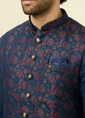 alt message - Manyavar Men Navy Blue Floral Patterned Half Jacket image number 1