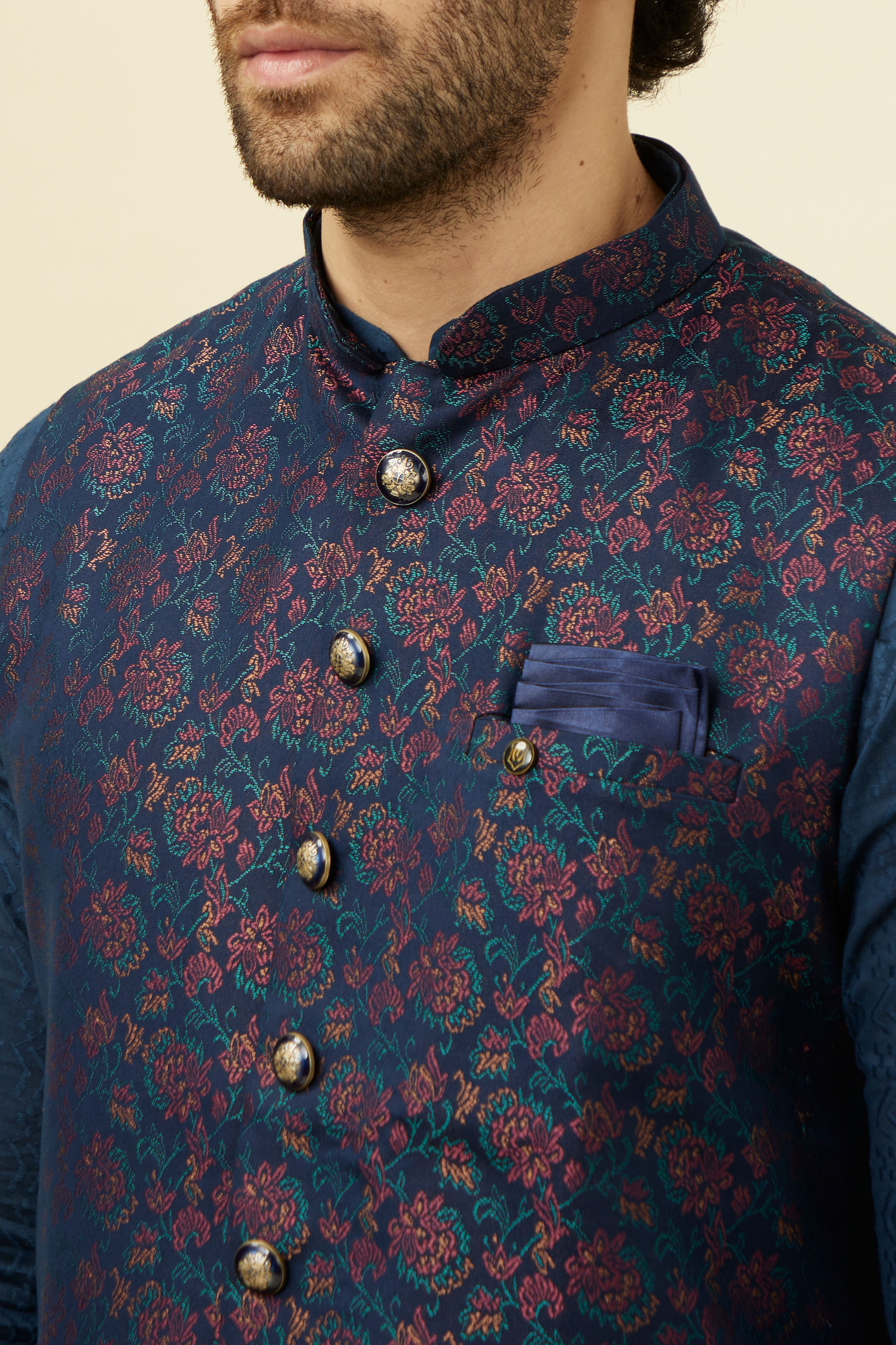 Manyavar Men Navy Blue Floral Patterned Half Jacket