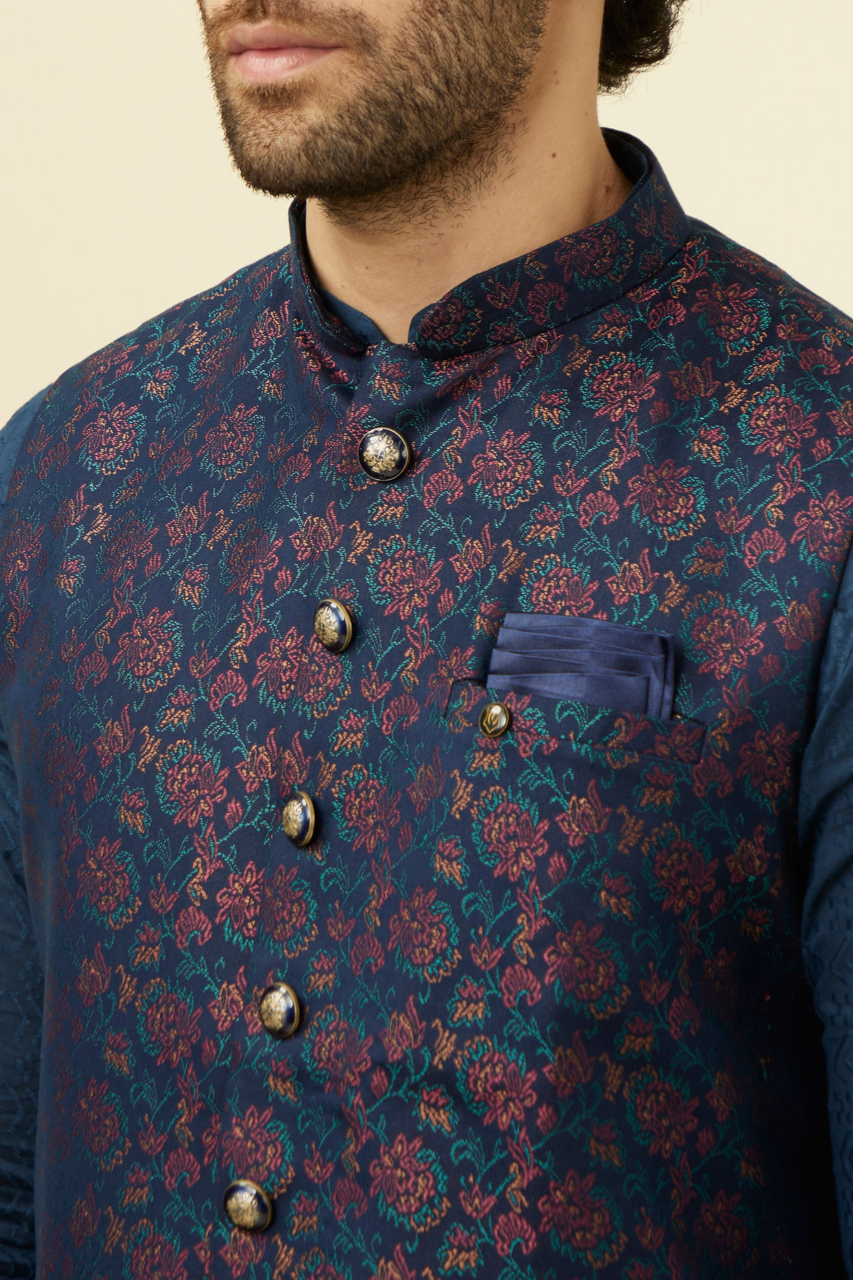 alt message - Manyavar Men Navy Blue Floral Patterned Half Jacket image number 1