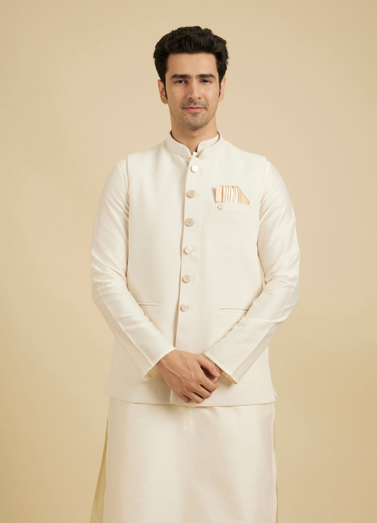 Manyavar Men Ivory Cream Classic Plain Nehru Jacket