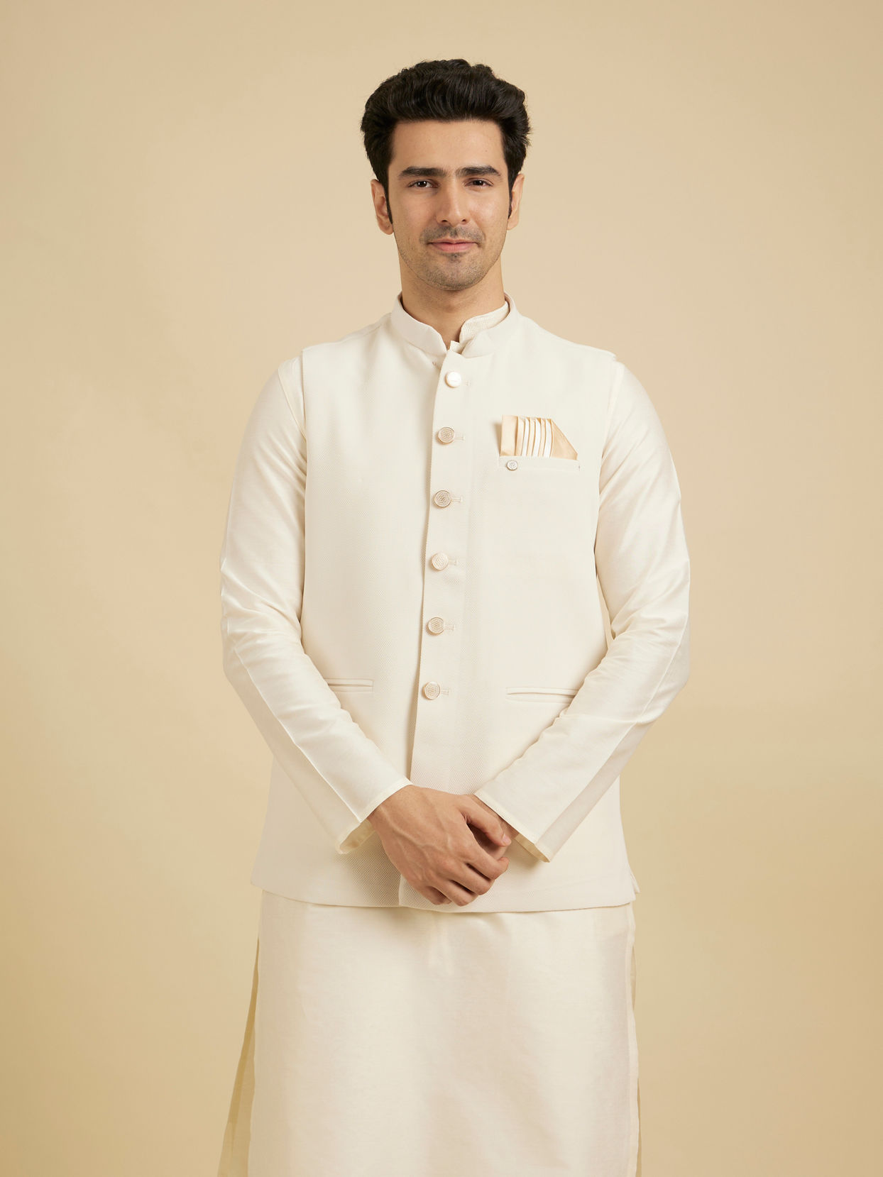 Manyavar Men Cream Colored Nehru Jacket image number 0