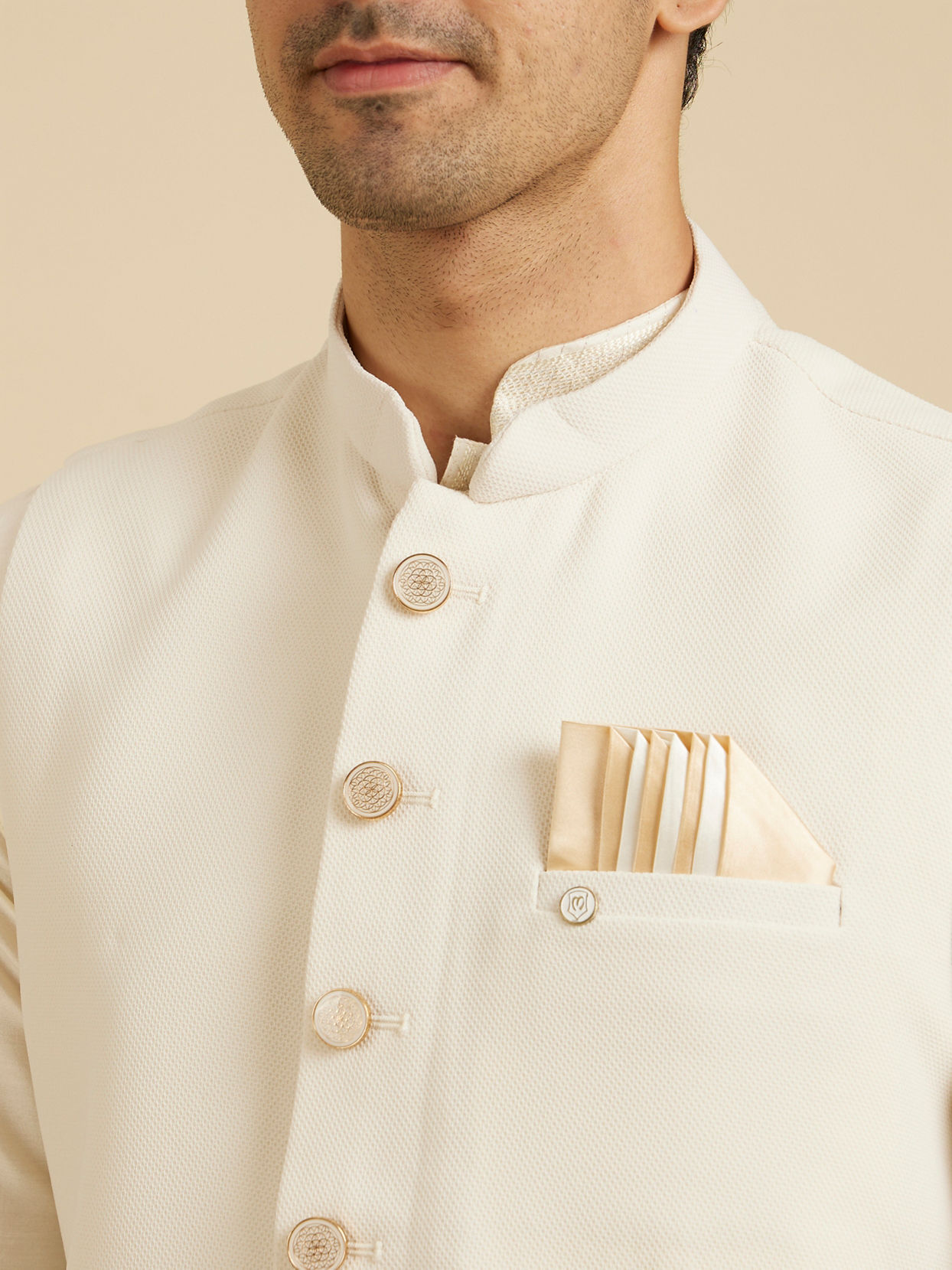 Manyavar Men Ivory Cream Classic Plain Nehru Jacket