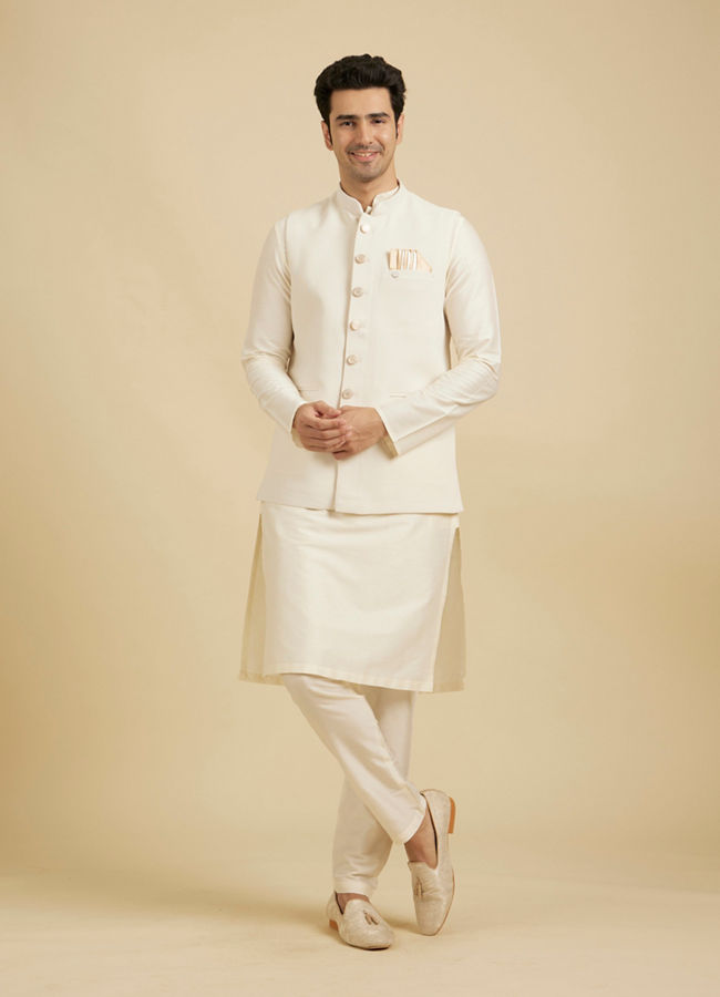 Manyavar Men Ivory Cream Classic Plain Nehru Jacket