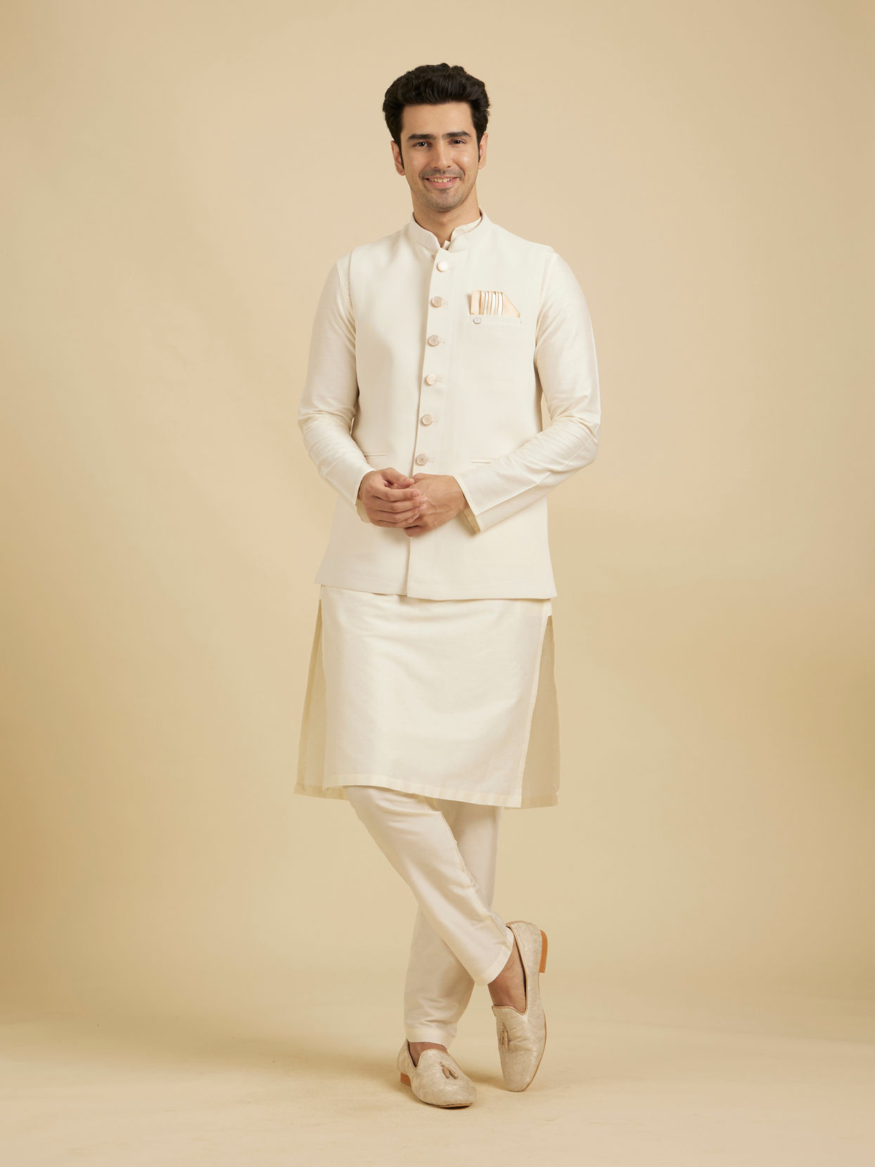 Manyavar Men Ivory Cream Classic Plain Nehru Jacket