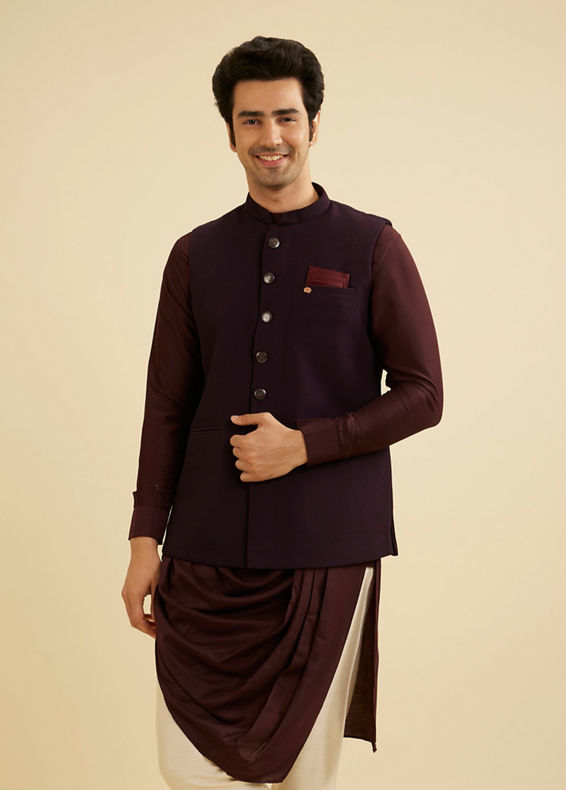 Manyavar Men Dark Purple Classic Plain Nehru Jacket