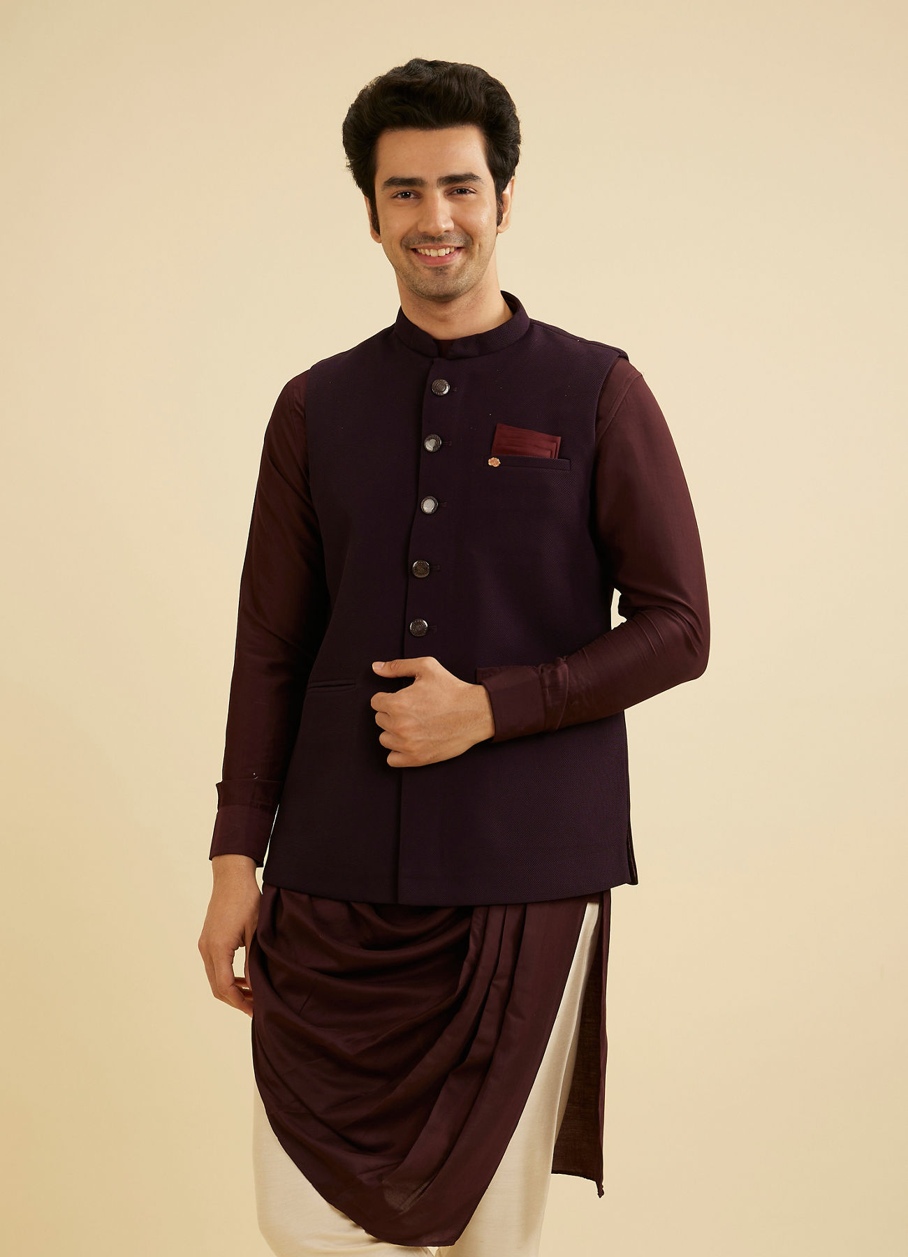 Manyavar Men Dark Purple Classic Plain Nehru Jacket