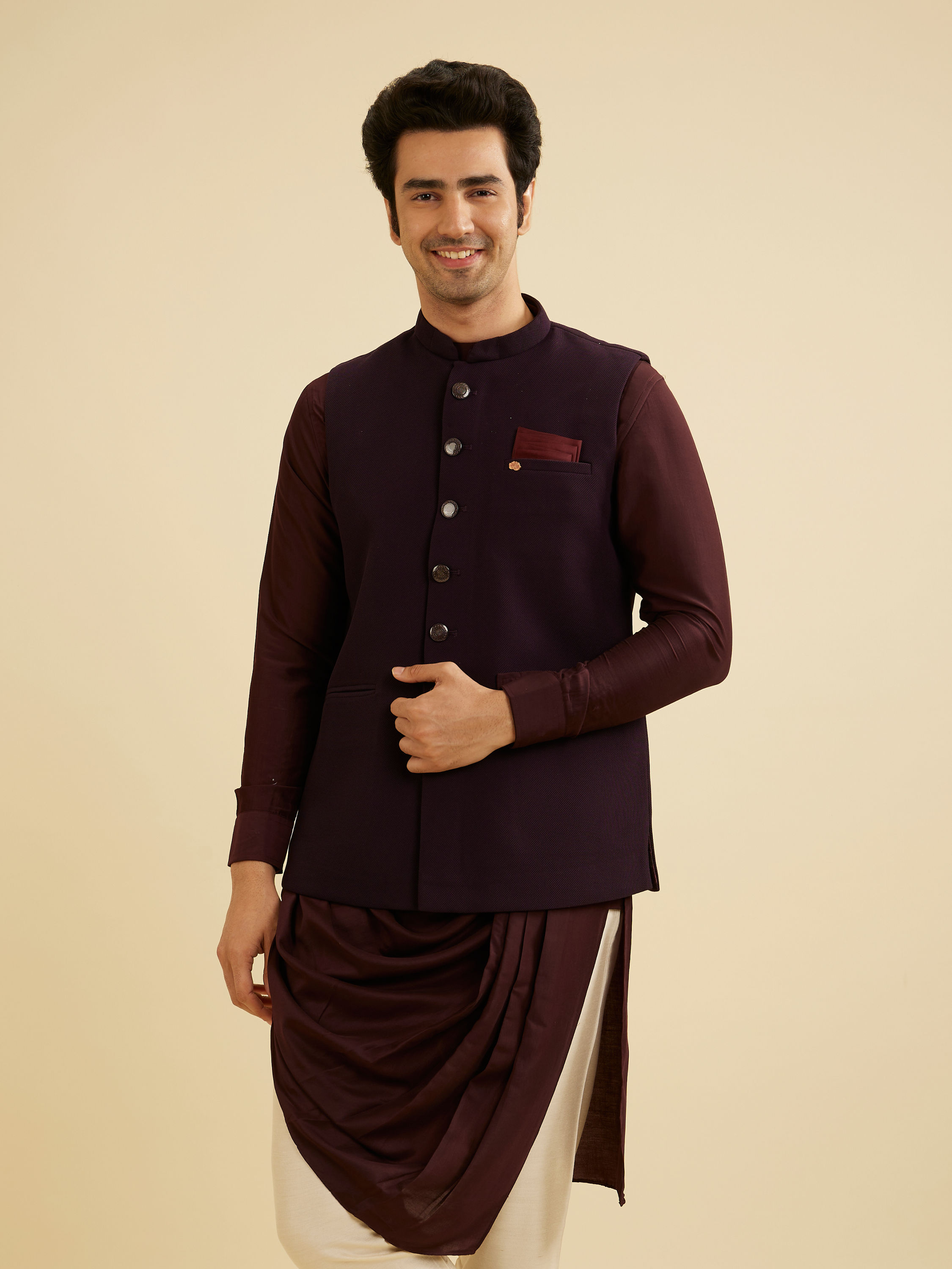 Manyavar Men Dark Purple Classic Plain Nehru Jacket