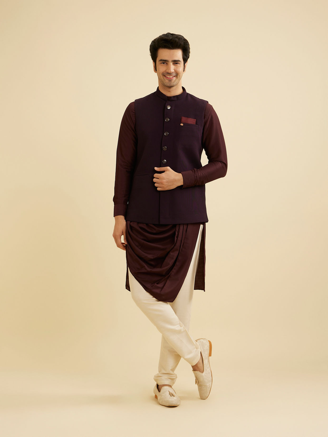 Manyavar Men Dark Purple Classic Plain Nehru Jacket