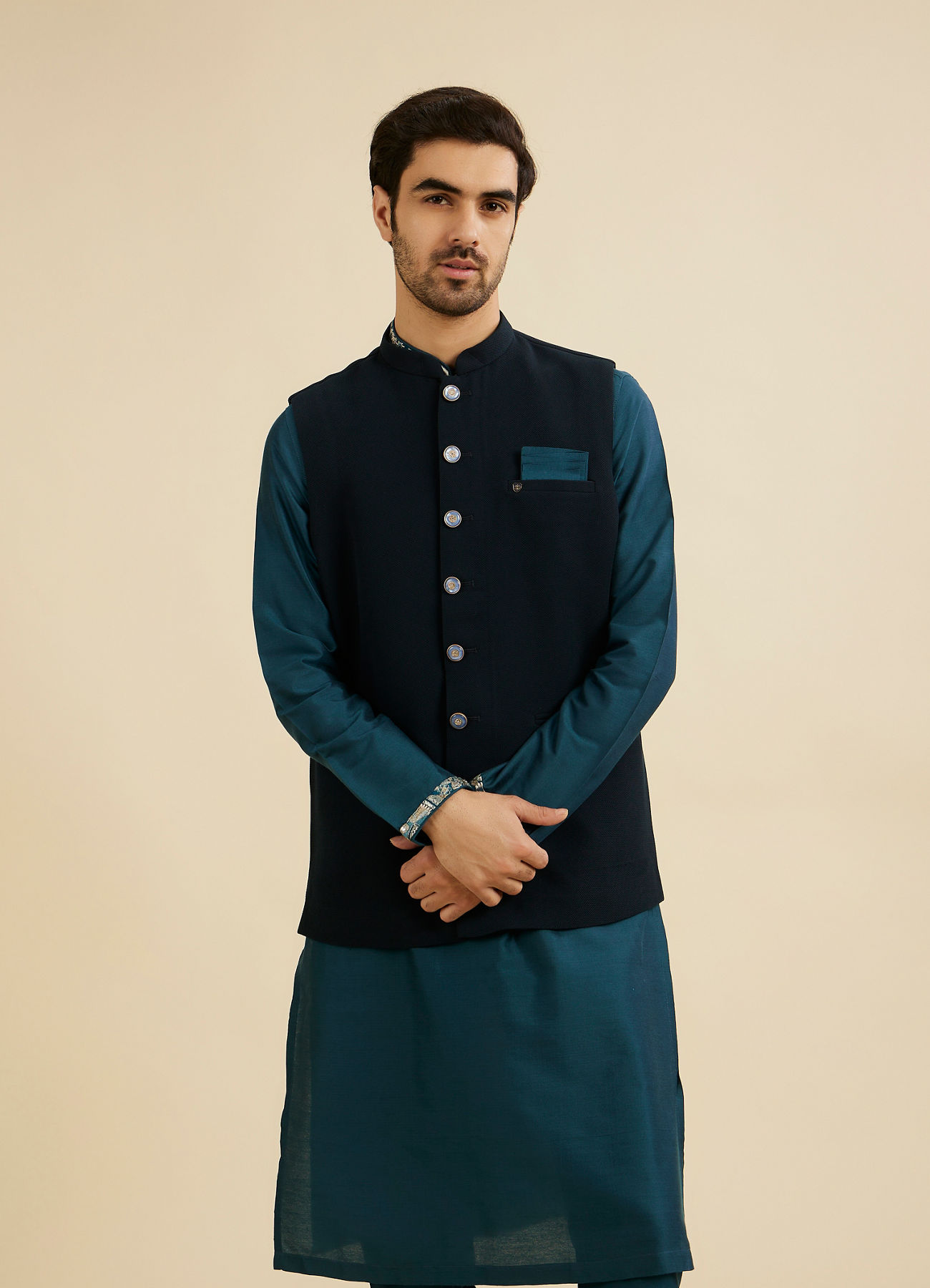 Manyavar Men Teal Green Classic Plain Nehru Jacket