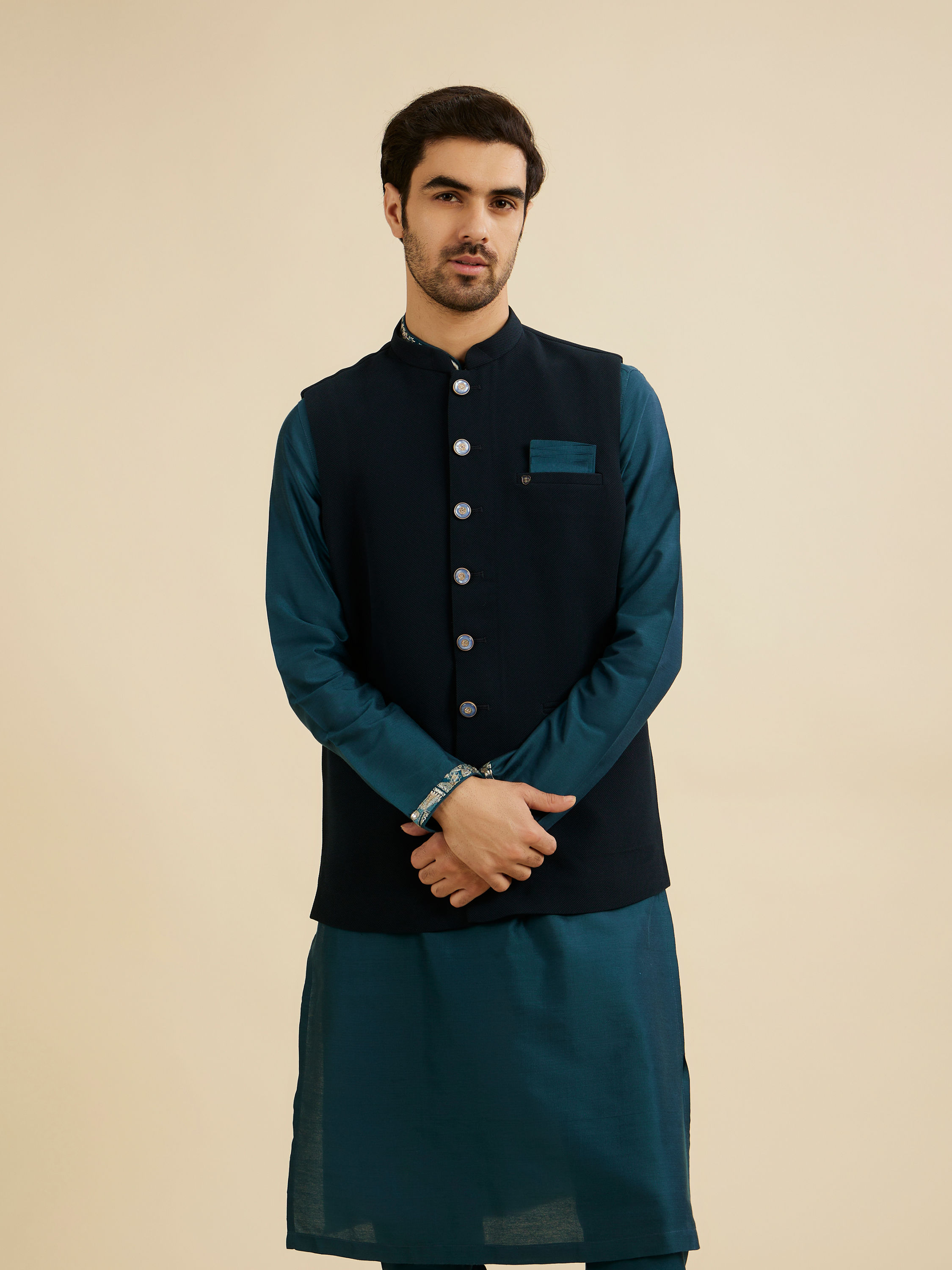 Manyavar Men Teal Green Classic Plain Nehru Jacket