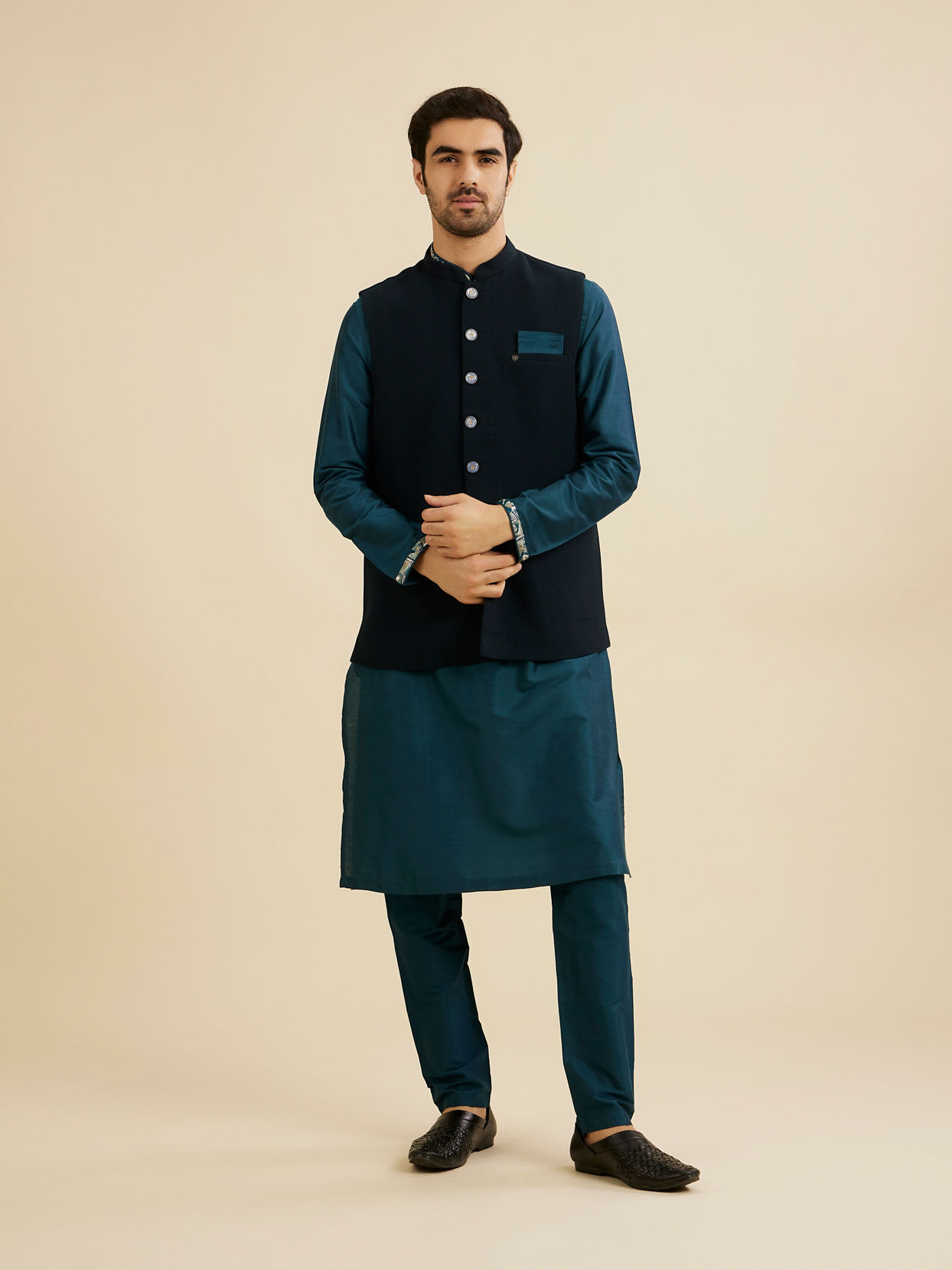 Manyavar Men Teal Green Classic Plain Nehru Jacket