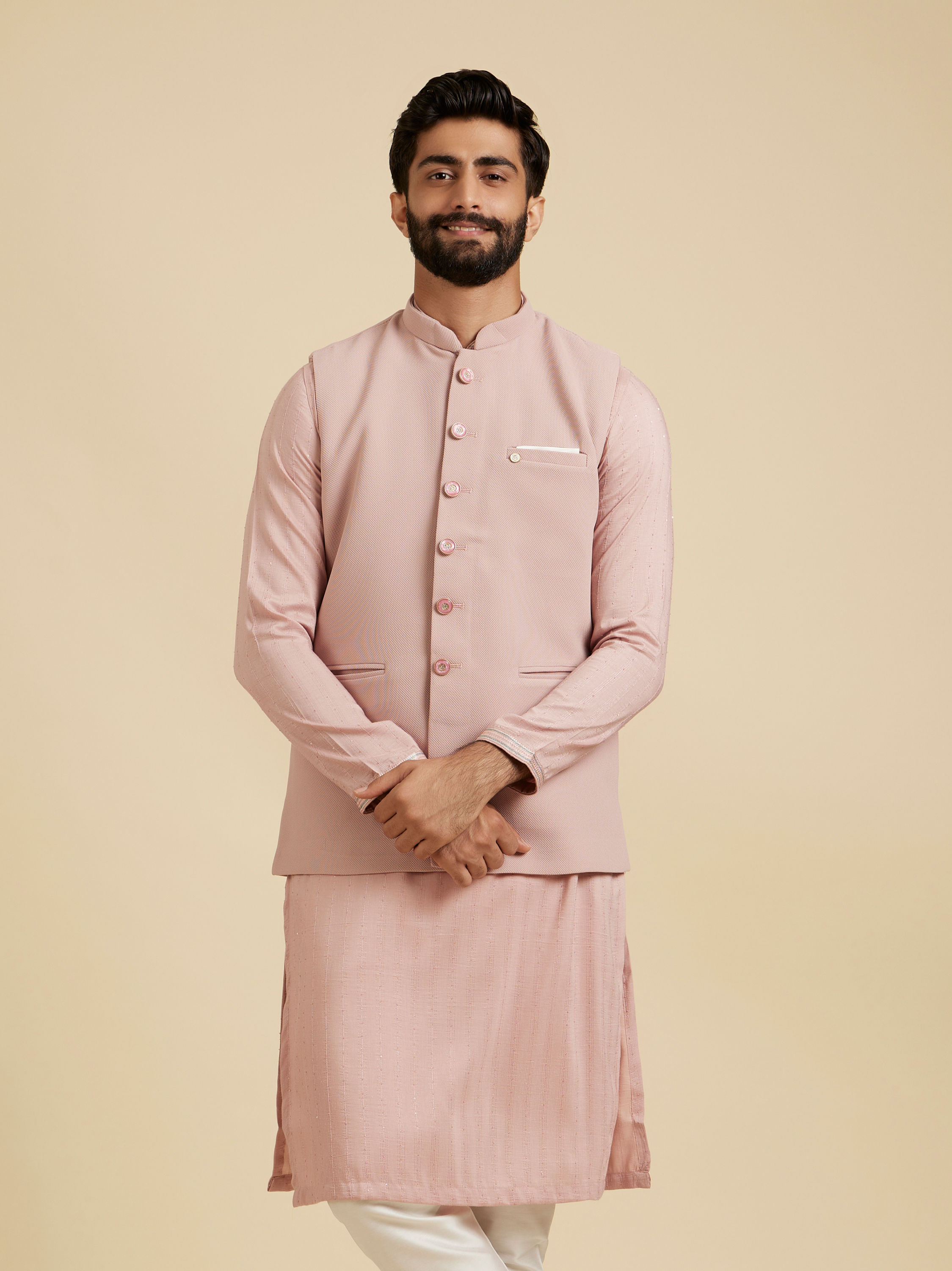 Manyavar Men Dusty Pink Classic Plain Nehru Jacket