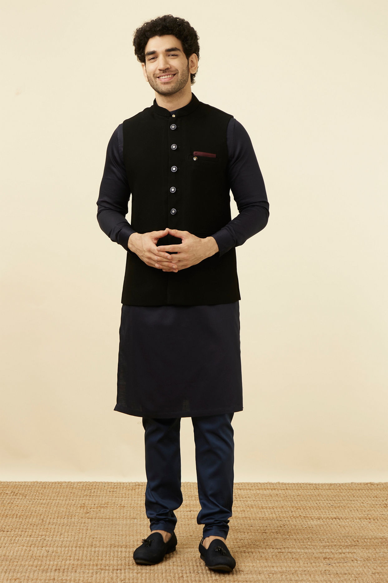 alt message - Manyavar Men Midnight Black Textured Jacket image number 2