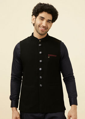 Manyavar Men Midnight Black Textured Jacket
