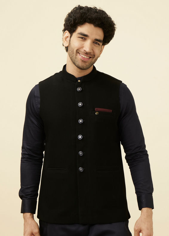 alt message - Manyavar Men Midnight Black Textured Jacket