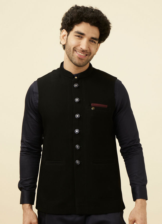 alt message - Manyavar Men Midnight Black Textured Jacket image number 0