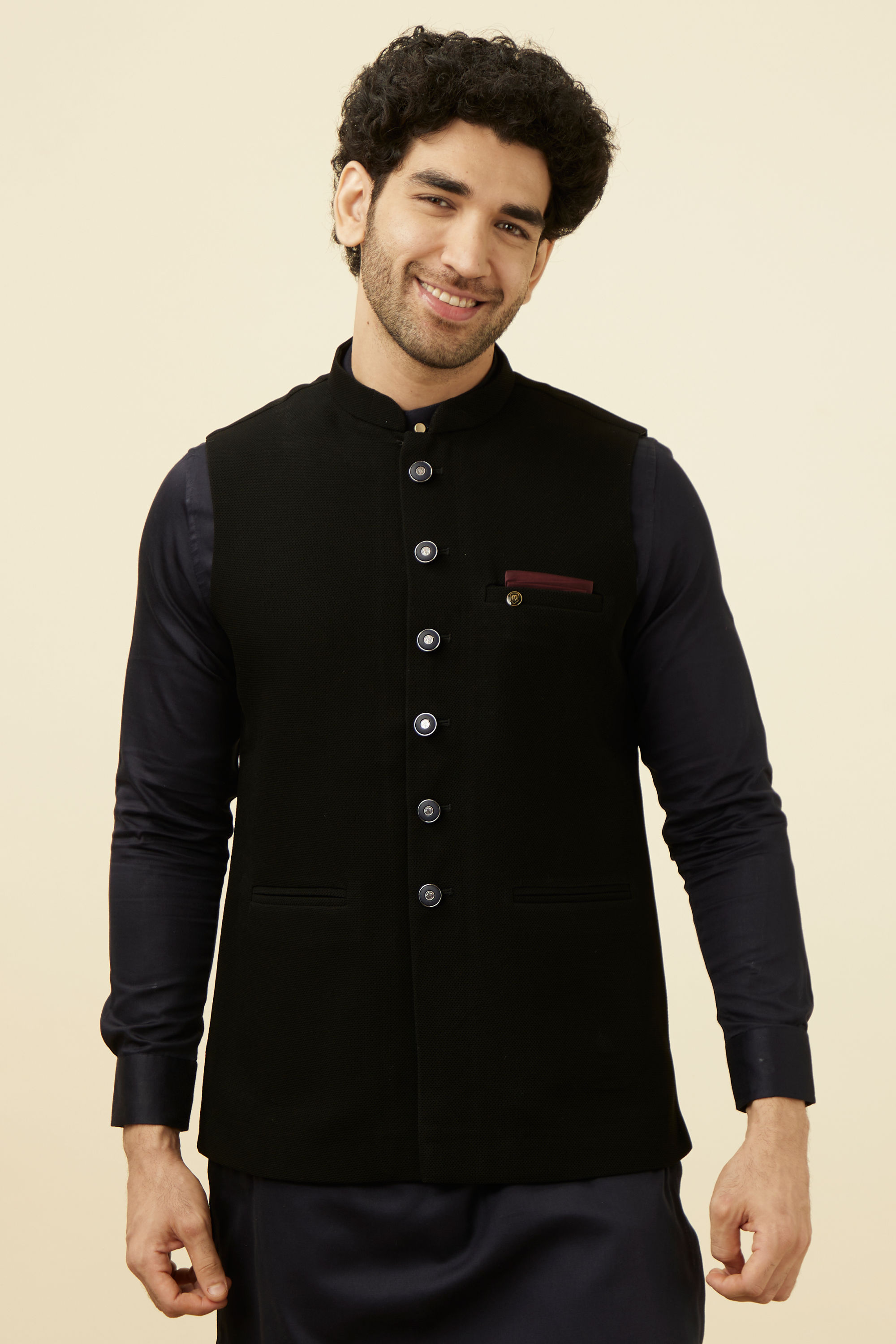 Manyavar Men Midnight Black Textured Jacket