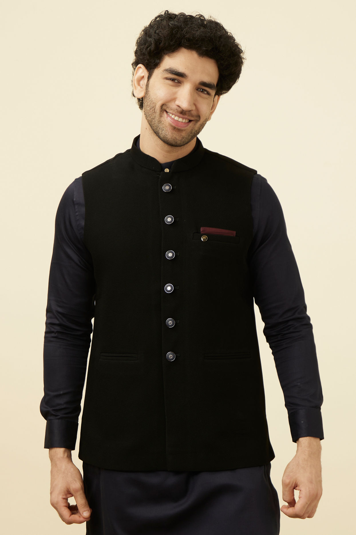 alt message - Manyavar Men Midnight Black Textured Jacket image number 0