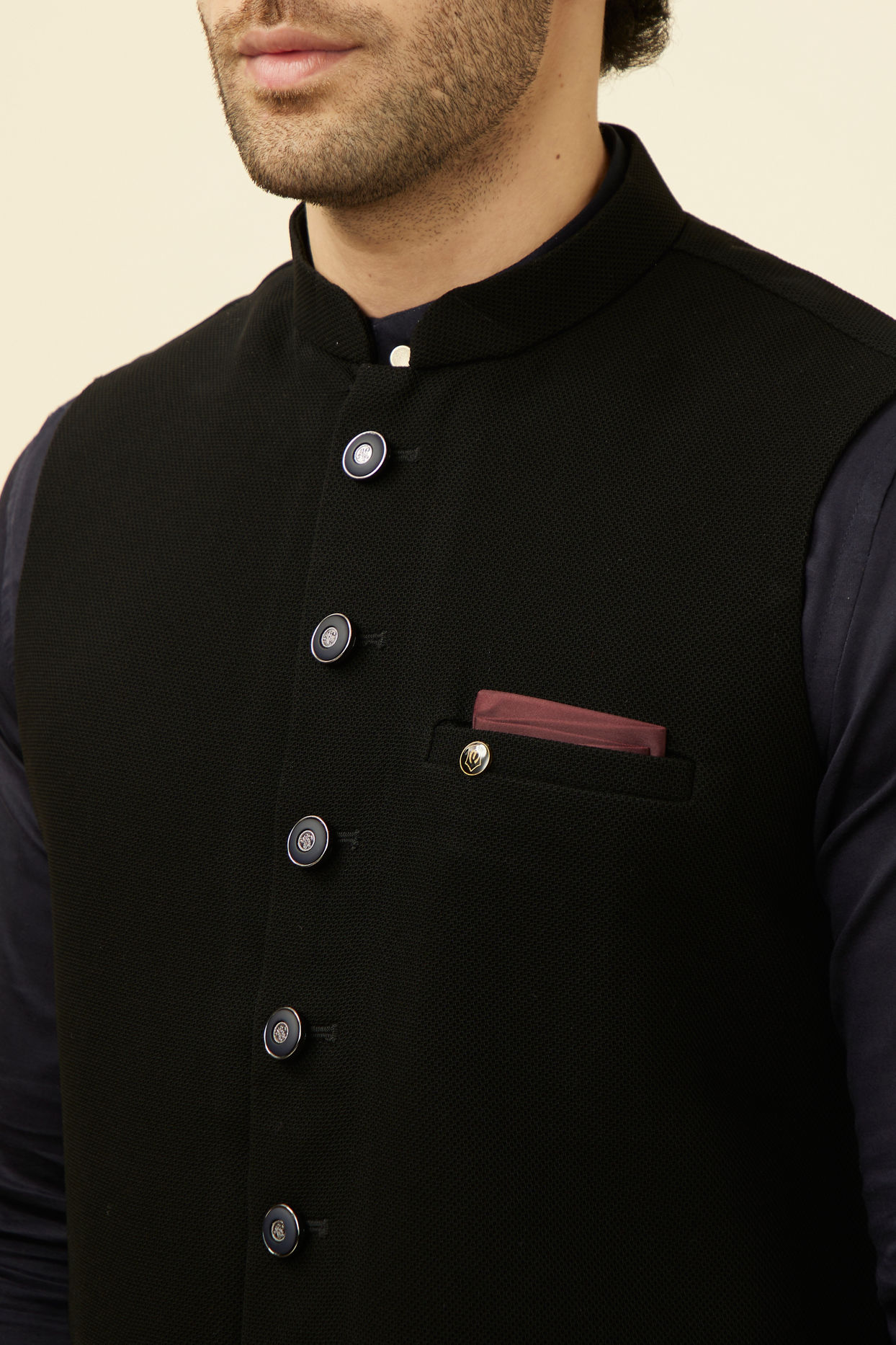 alt message - Manyavar Men Midnight Black Textured Jacket image number 1