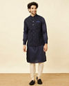 alt message - Manyavar Men Royal Blue Bel Buti Patterned Jacket image number 2