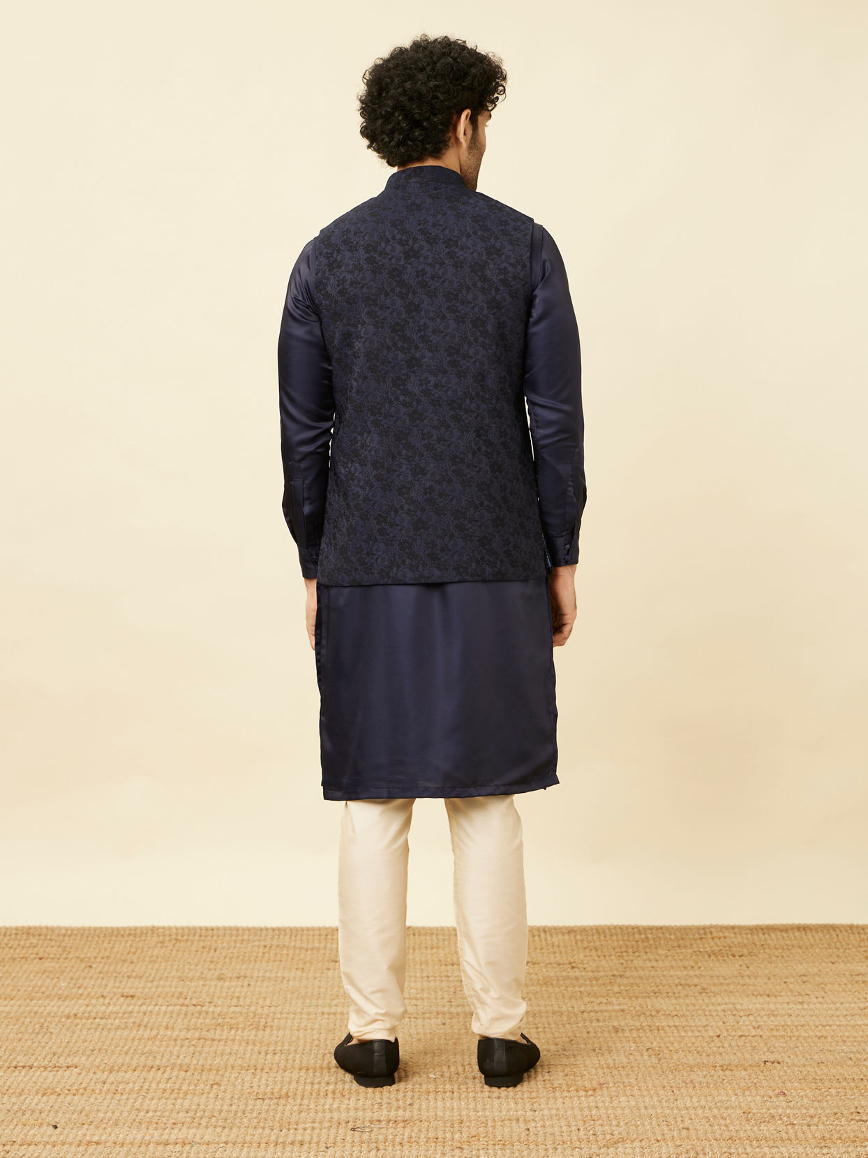 Manyavar Men Royal Blue Bel Buti Patterned Jacket
