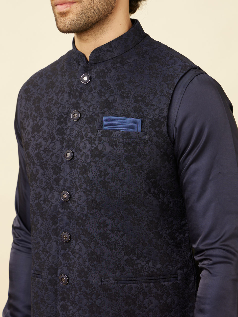 Manyavar Men Royal Blue Bel Buti Patterned Jacket
