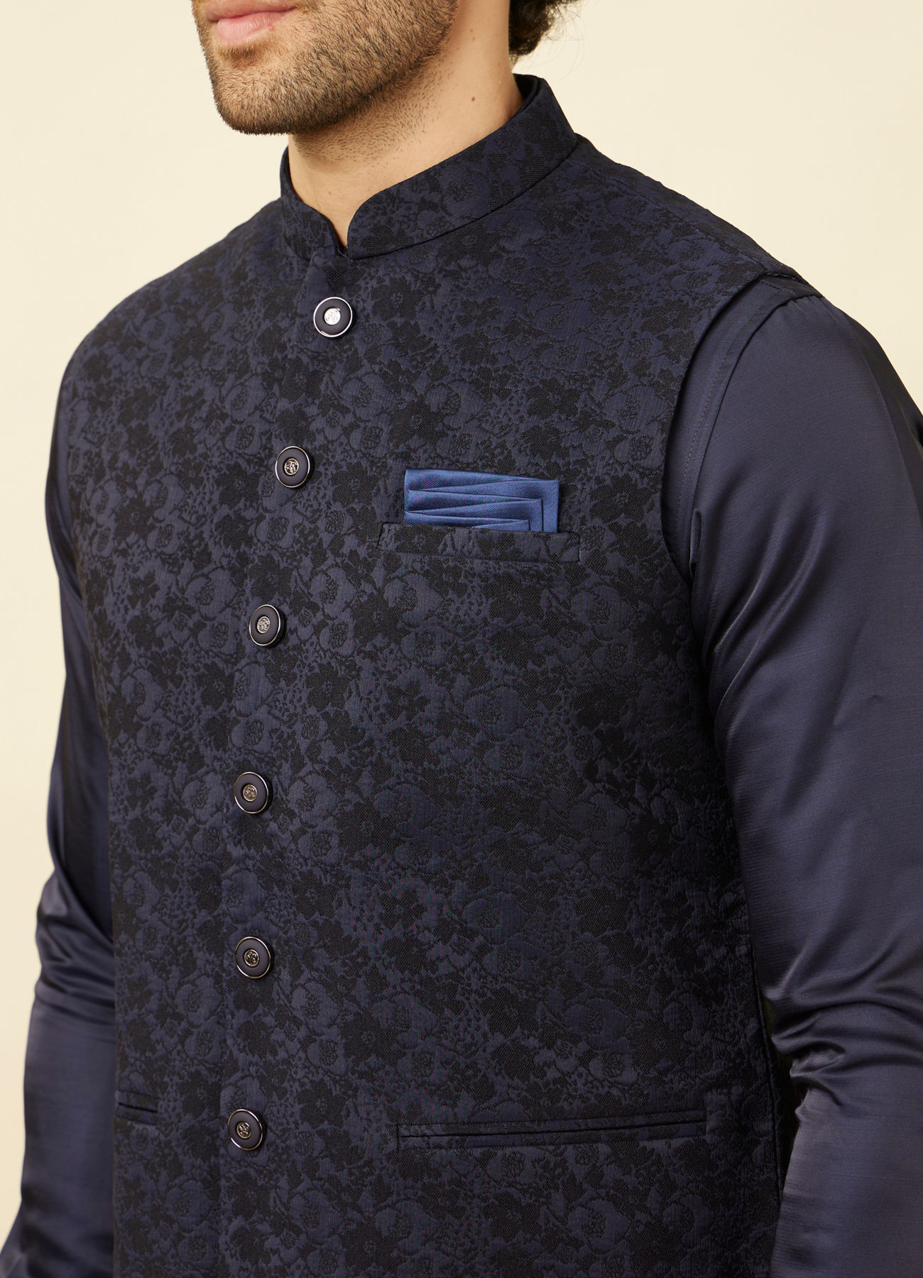 Manyavar Men Royal Blue Bel Buti Patterned Jacket