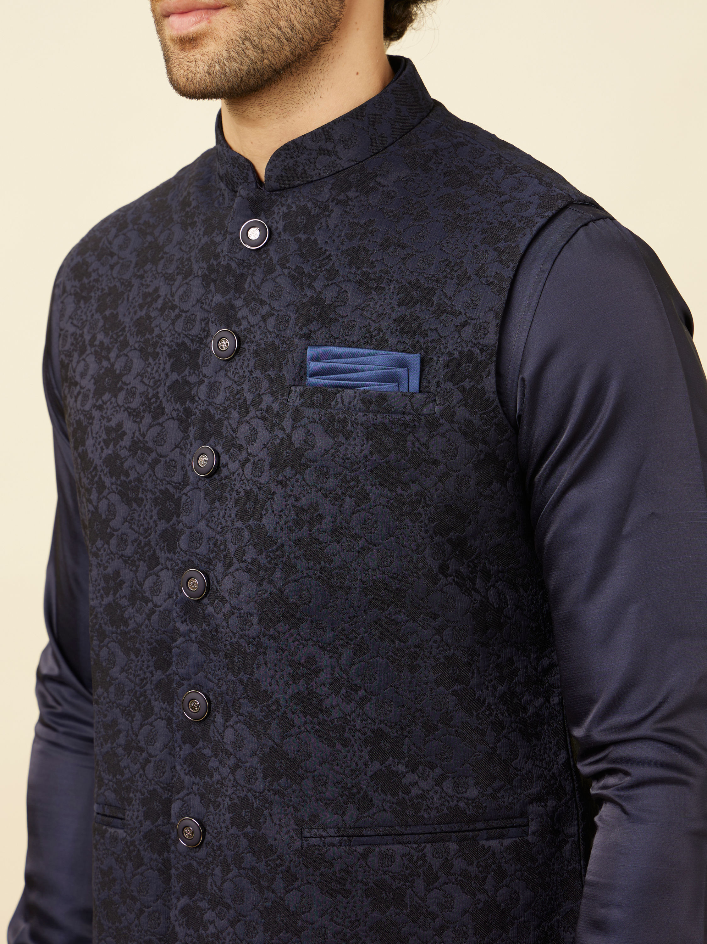 Manyavar Men Royal Blue Bel Buti Patterned Jacket