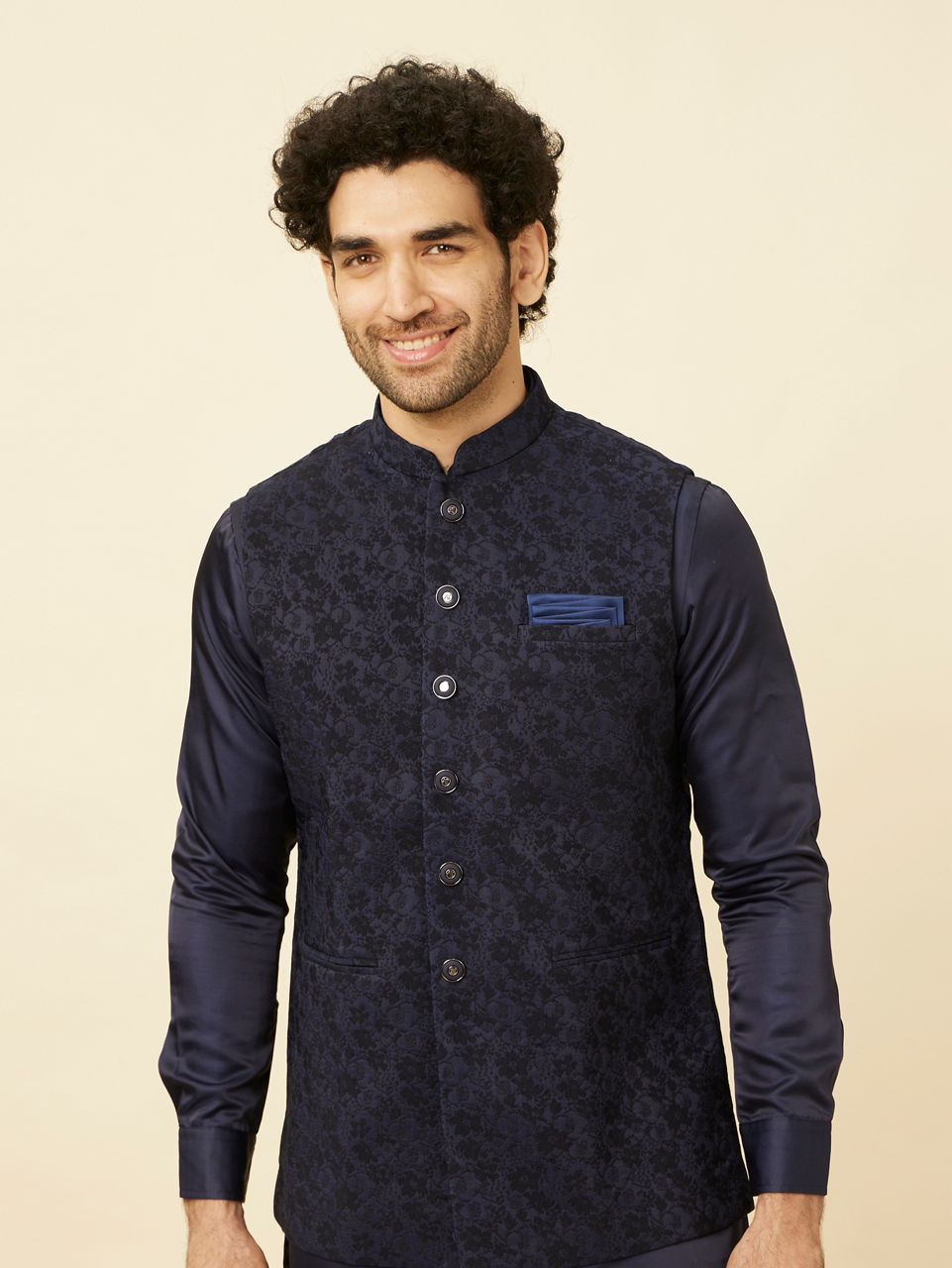 Manyavar Men Royal Blue Bel Buti Patterned Jacket