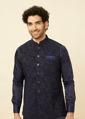 Manyavar Men Royal Blue Bel Buti Patterned Jacket