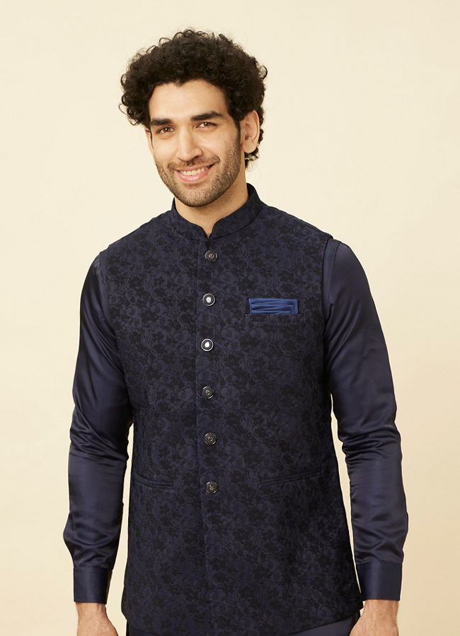 alt message - Manyavar Men Royal Blue Bel Buti Patterned Jacket image number 0