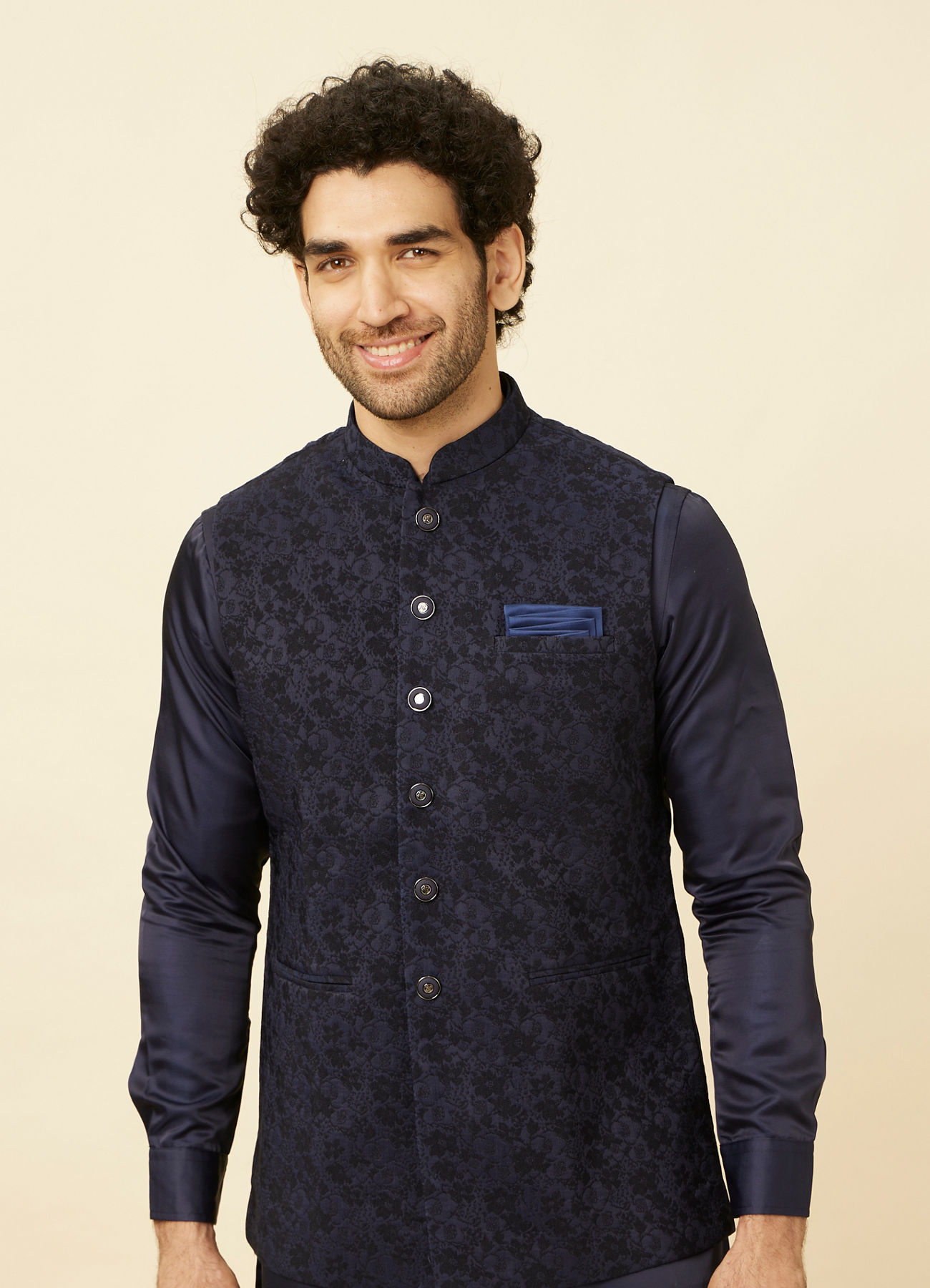 Manyavar Men Royal Blue Bel Buti Patterned Jacket