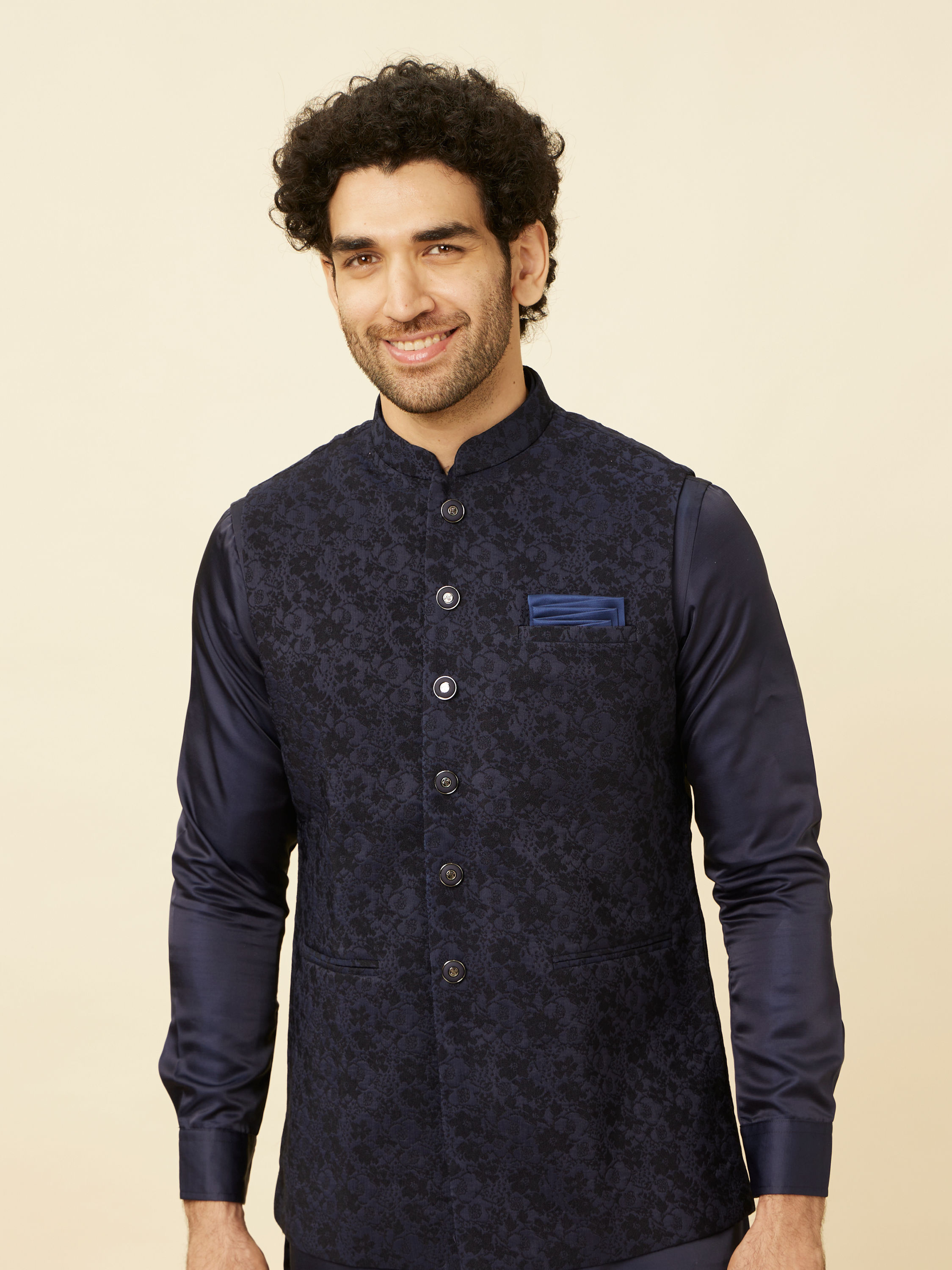 Manyavar Men Royal Blue Bel Buti Patterned Jacket