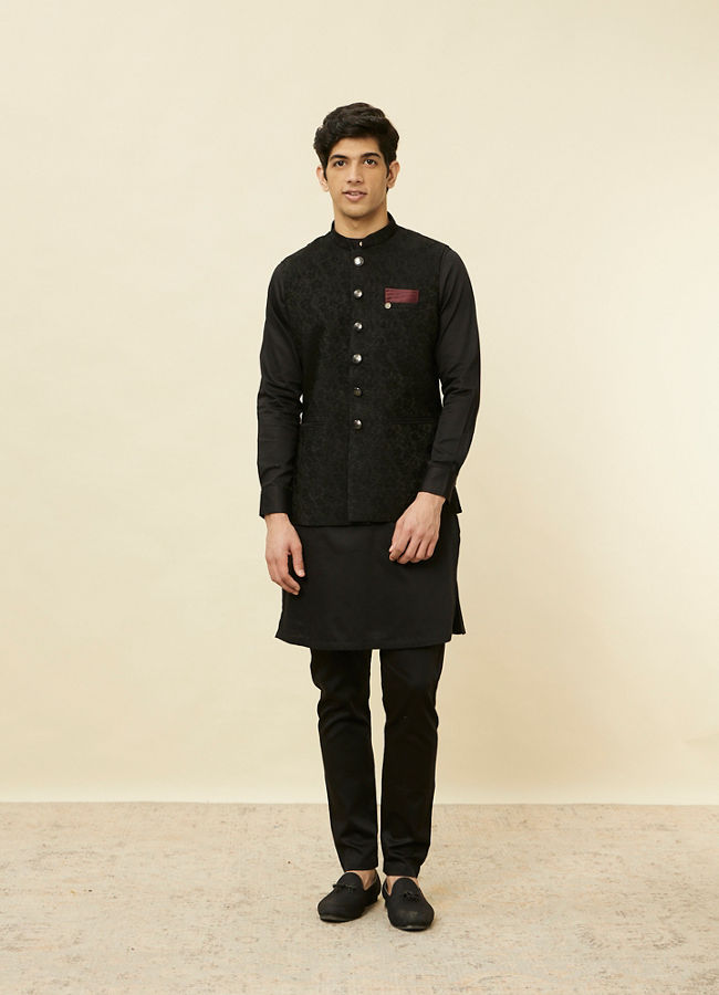 Manyavar Men Ebony Black Bel Buti Patterned Jacket